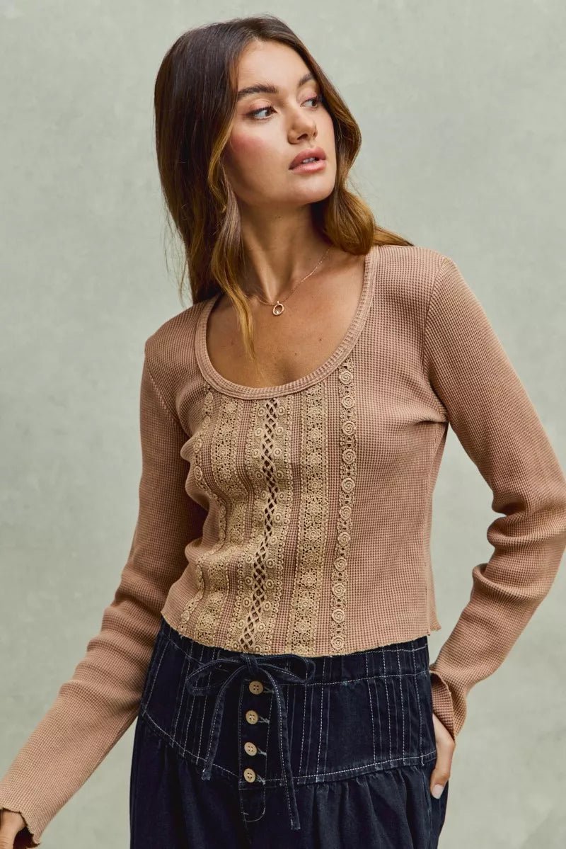 SO ME Vintage Washed Lace Crop Thermal Washed Knit Top - 