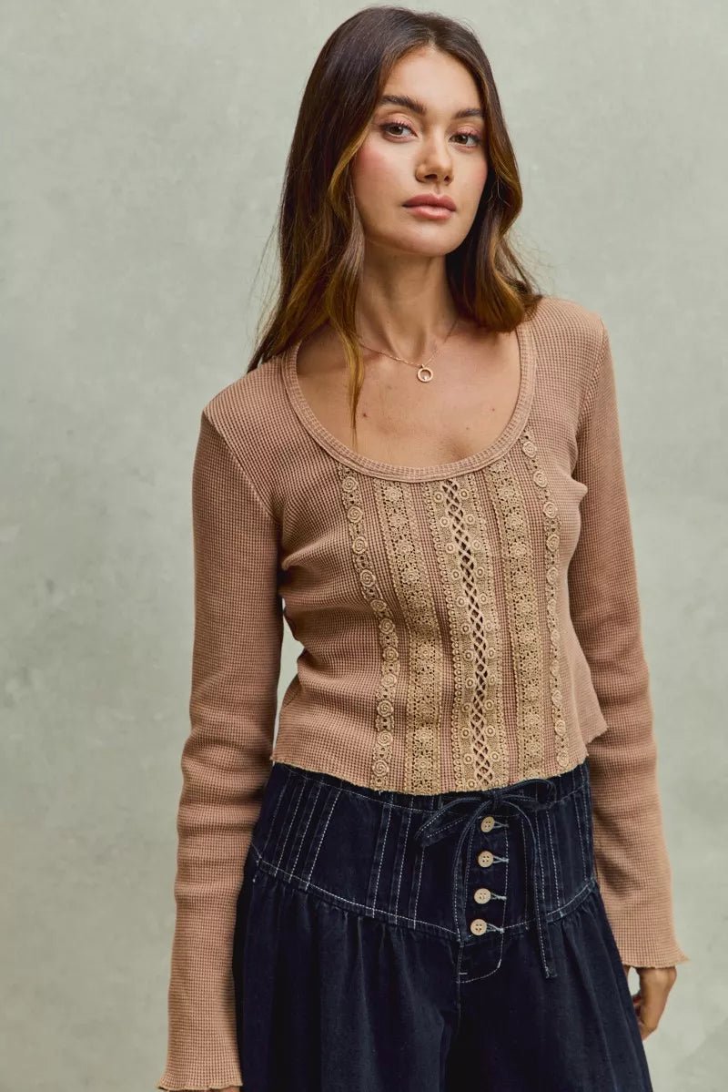 SO ME Vintage Washed Lace Crop Thermal Washed Knit Top - 