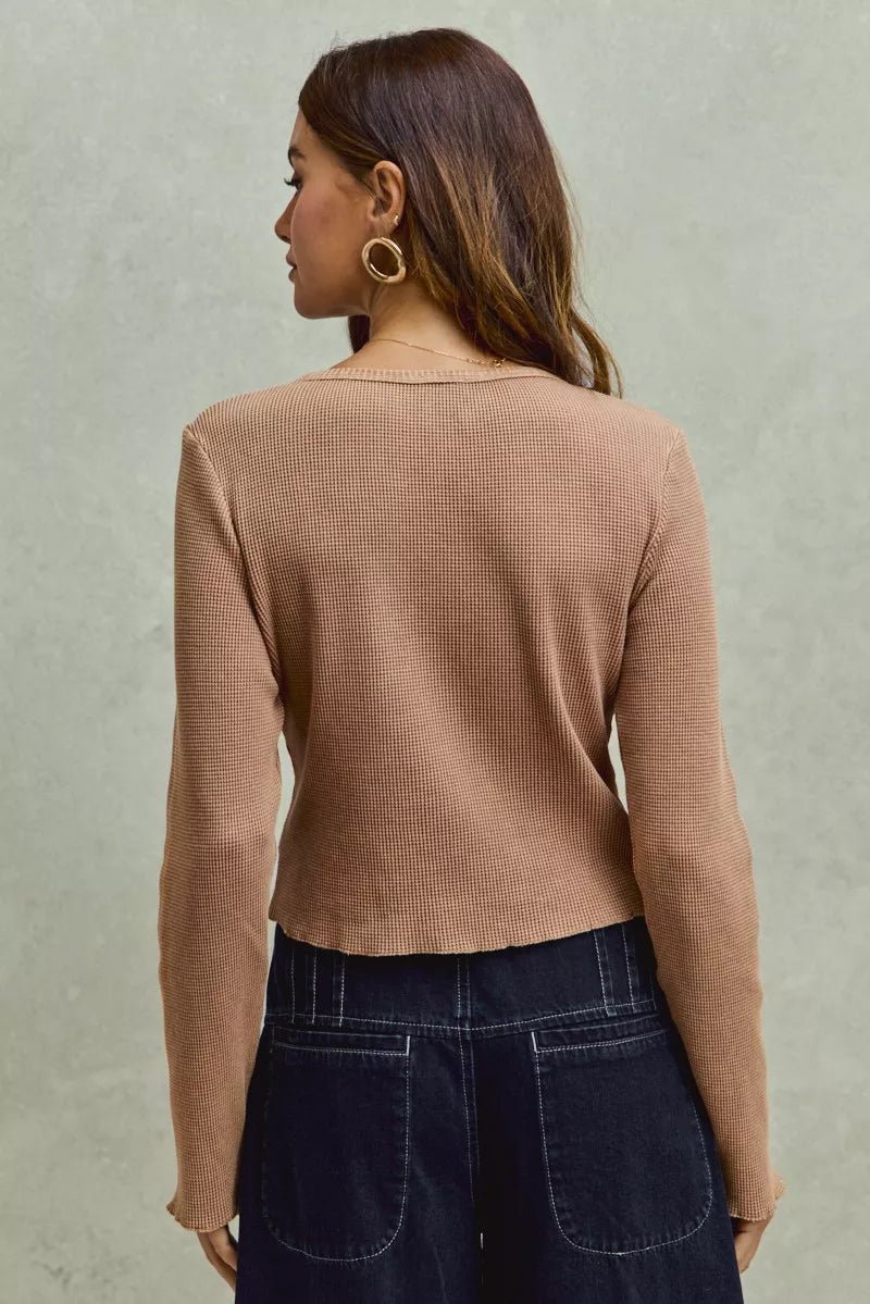 SO ME Vintage Washed Lace Crop Thermal Washed Knit Top - 