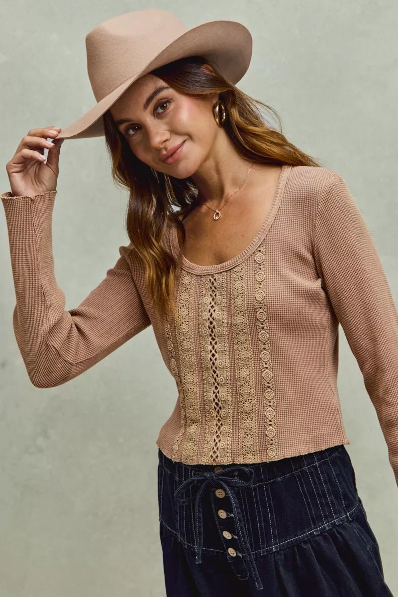 SO ME Vintage Washed Lace Crop Thermal Washed Knit Top - 