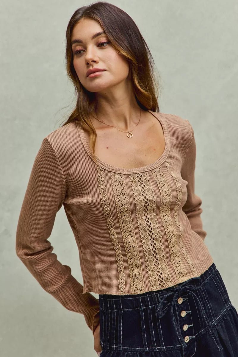SO ME Vintage Washed Lace Crop Thermal Washed Knit Top - 