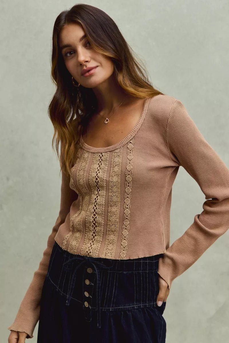 SO ME Vintage Washed Lace Crop Thermal Washed Knit Top - 