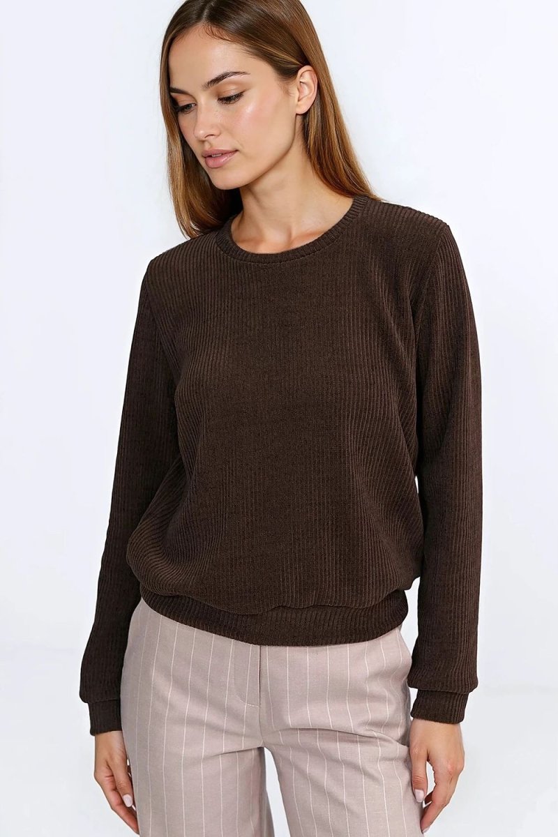 Soft Ribbed Knit Brown Sweatshirt - 