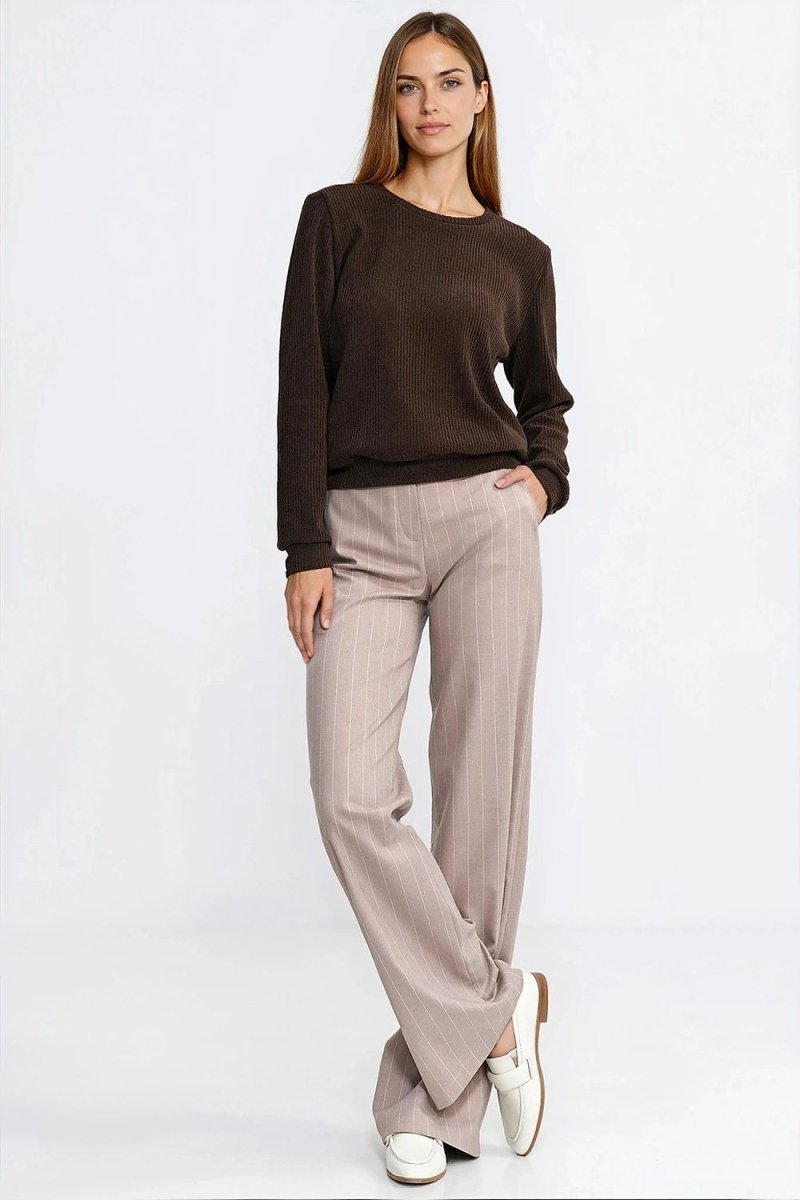 Soft Ribbed Knit Brown Sweatshirt - 