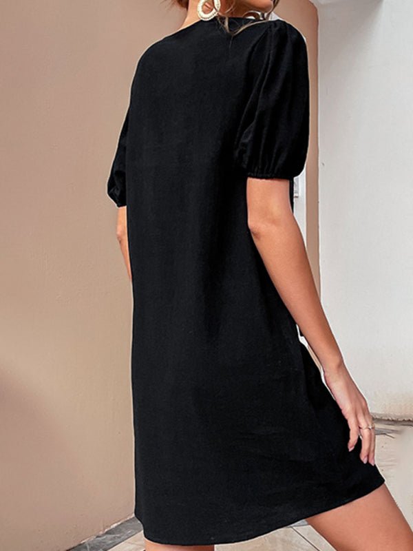 Solid color cotton and linen skirt temperament loose black dress - Casual Dress