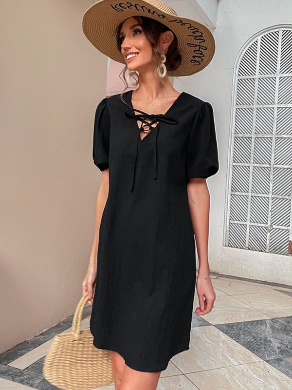 Solid color cotton and linen skirt temperament loose black dress - Casual Dress