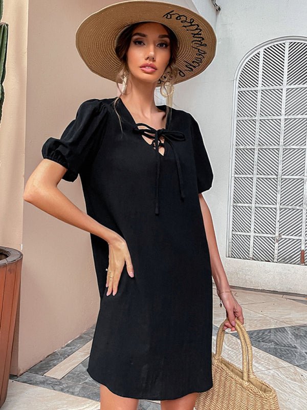 Solid color cotton and linen skirt temperament loose black dress - Casual Dress