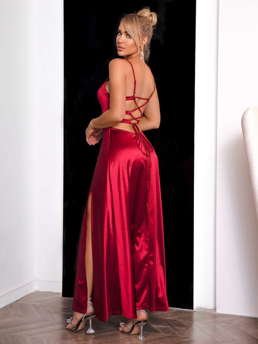 Spaghetti Strap Lace - Up Back Split Dress - Cocktail Dress