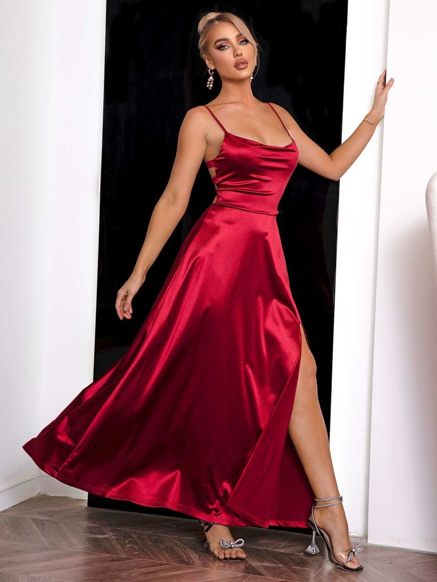 Spaghetti Strap Lace - Up Back Split Dress - Cocktail Dress