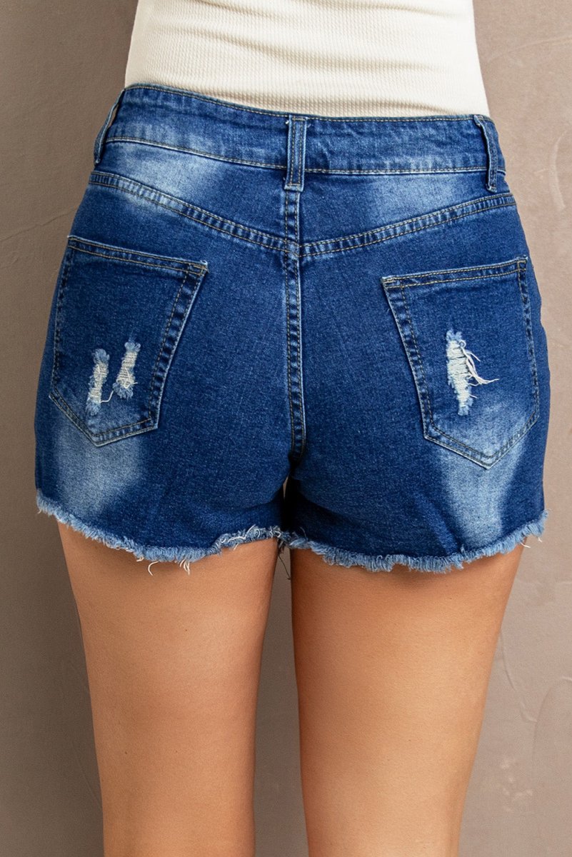 Spliced Lace Distressed Denim Shorts - Bottoms