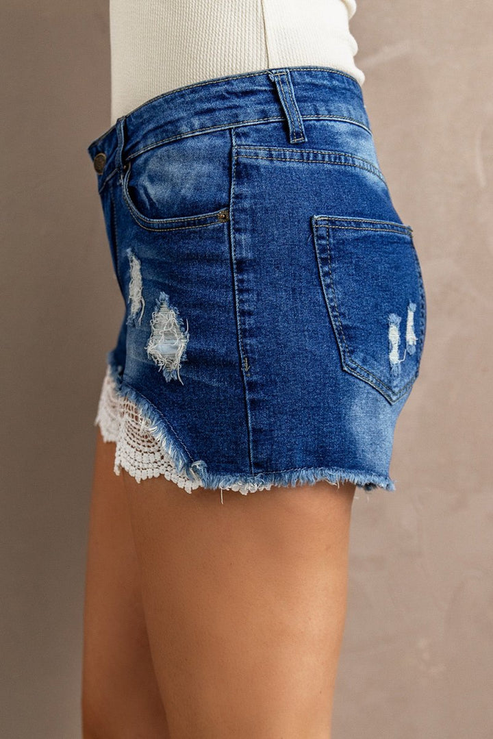 Spliced Lace Distressed Denim Shorts - Bottoms