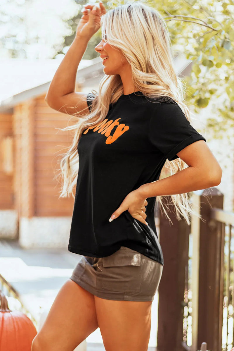 SPOOKY Round Neck Short Sleeve T-Shirt - Top