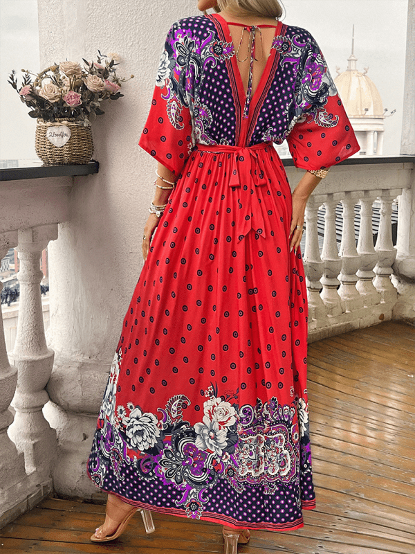 Spring and summer casual holiday printed V - neck long skirt - Vacation Dress