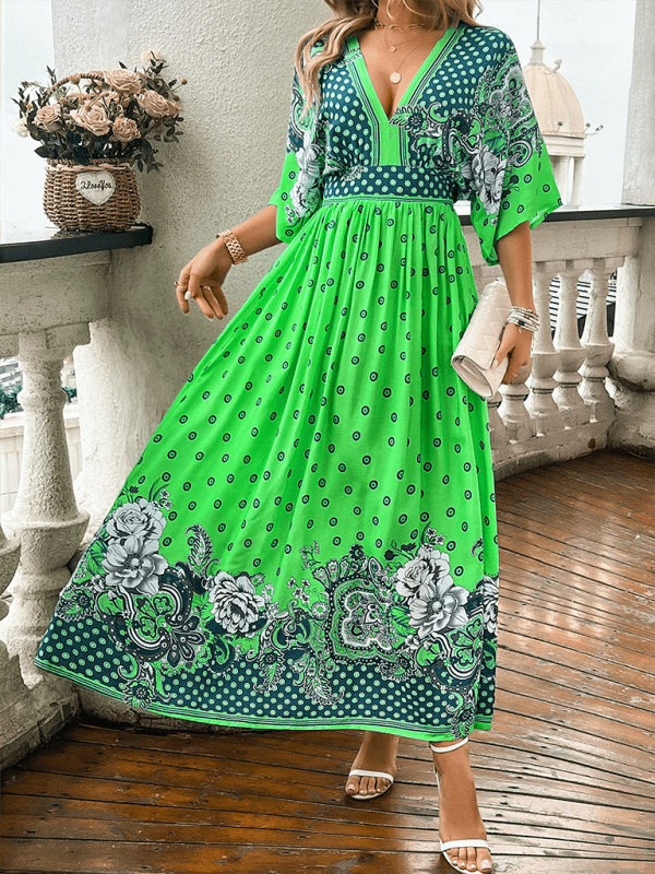 Spring and summer casual holiday printed V - neck long skirt - Vacation Dress
