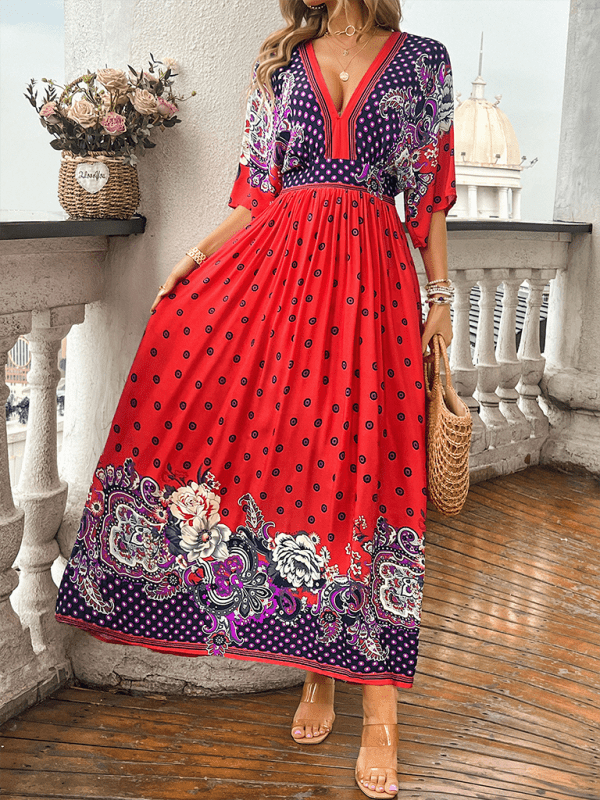Spring and summer casual holiday printed V - neck long skirt - Vacation Dress