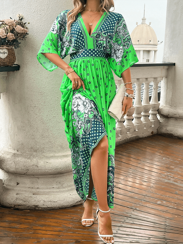 Spring and summer casual holiday printed V - neck long skirt - Vacation Dress