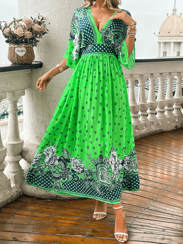 Spring and summer casual holiday printed V - neck long skirt - Vacation Dress