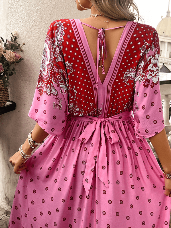 Spring and summer casual holiday printed V - neck long skirt - Vacation Dress