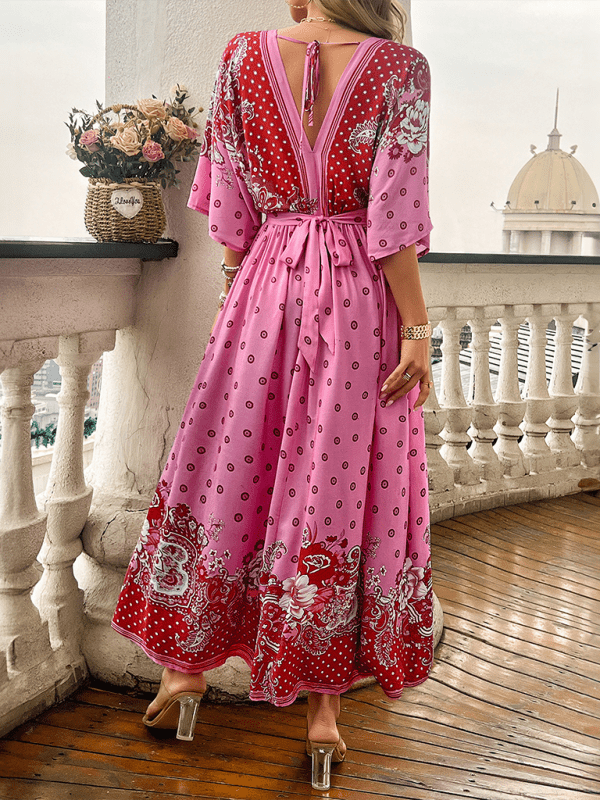 Spring and summer casual holiday printed V - neck long skirt - Vacation Dress