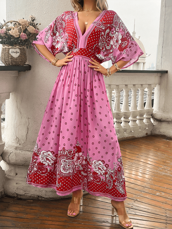 Spring and summer casual holiday printed V - neck long skirt - Vacation Dress
