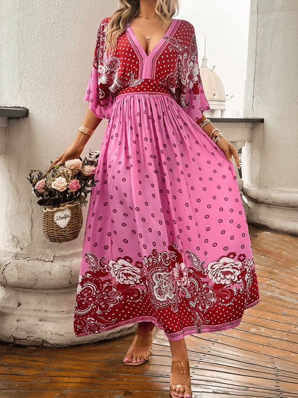 Spring and summer casual holiday printed V - neck long skirt - Vacation Dress