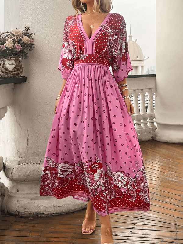 Spring and summer casual holiday printed V - neck long skirt - Vacation Dress