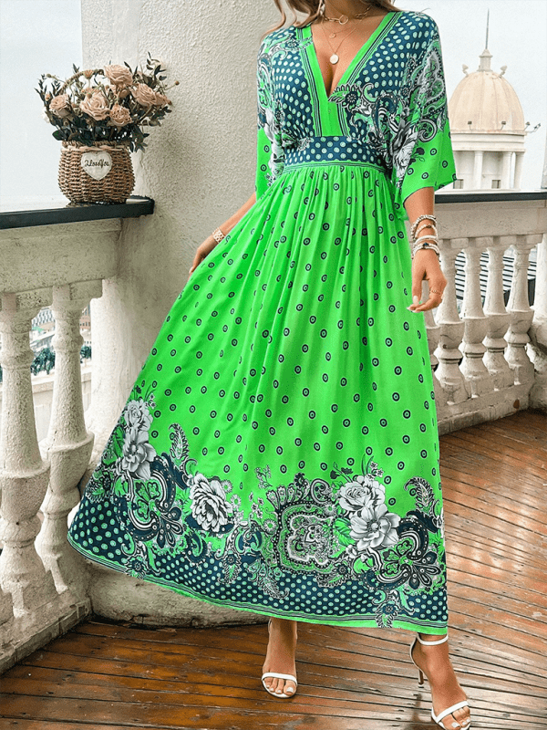 Spring and summer casual holiday printed V - neck long skirt - Vacation Dress