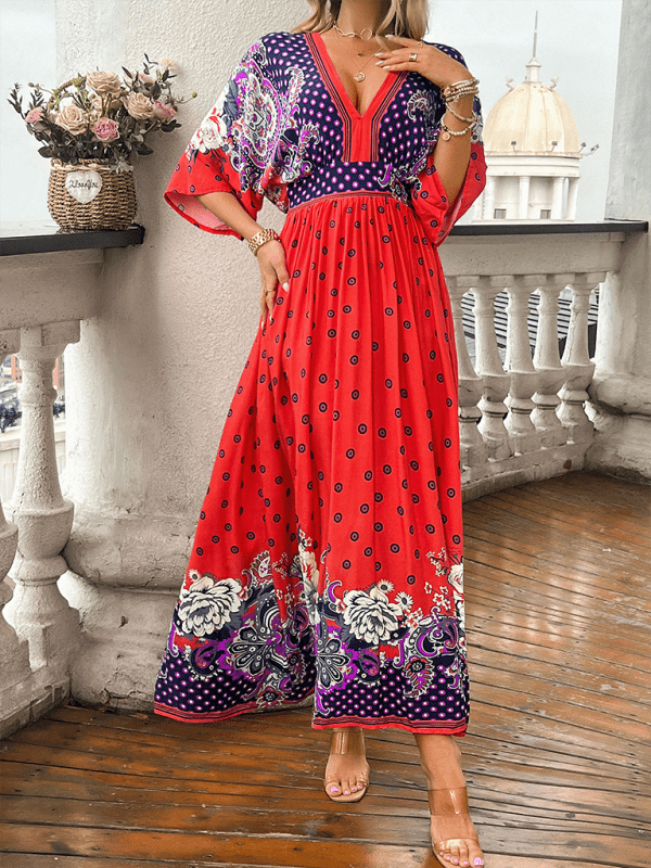 Spring and summer casual holiday printed V - neck long skirt - Vacation Dress