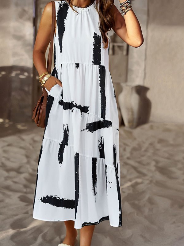 Spring and summer halter neck loose holiday multi - layer print dress - Day Dress