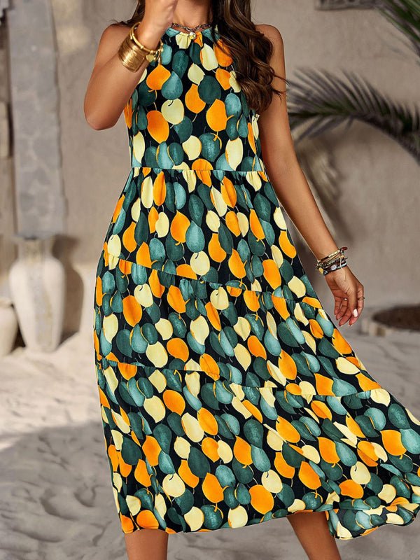 Spring and summer halter neck loose holiday multi - layer print dress - Day Dress