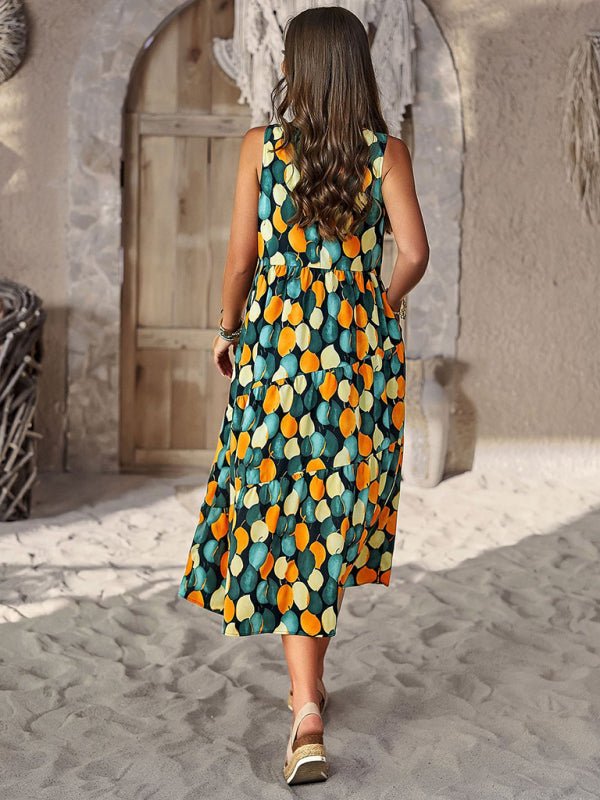 Spring and summer halter neck loose holiday multi - layer print dress - Day Dress