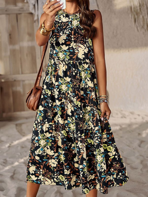 Spring and summer halter neck loose holiday multi - layer print dress - Day Dress