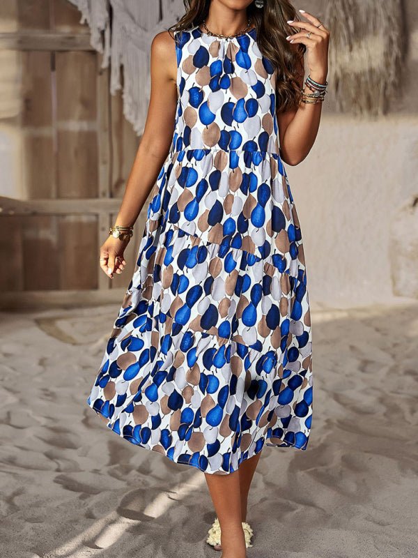 Spring and summer halter neck loose holiday multi - layer print dress - Day Dress