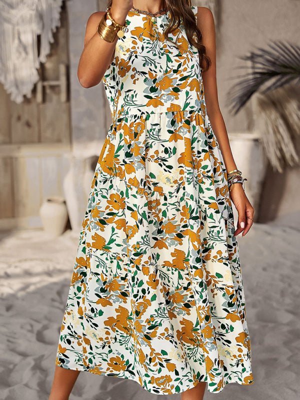 Spring and summer halter neck loose holiday multi - layer print dress - Day Dress