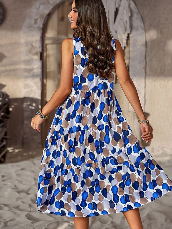 Spring and summer halter neck loose holiday multi - layer print dress - Day Dress