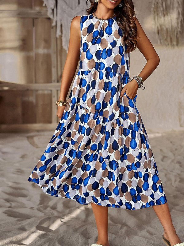 Spring and summer halter neck loose holiday multi - layer print dress - Day Dress