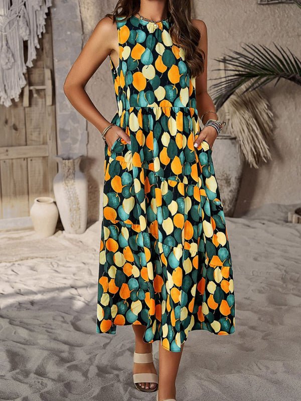 Spring and summer halter neck loose holiday multi - layer print dress - Day Dress