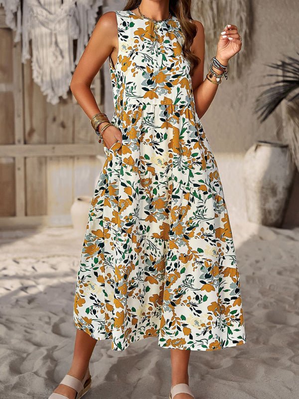 Spring and summer halter neck loose holiday multi - layer print dress - Day Dress