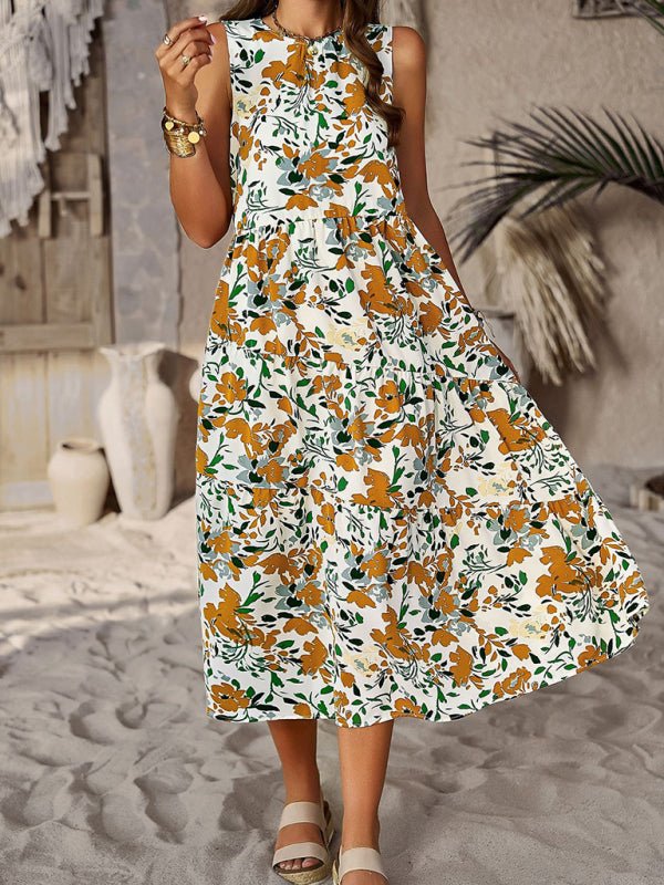 Spring and summer halter neck loose holiday multi - layer print dress - Day Dress