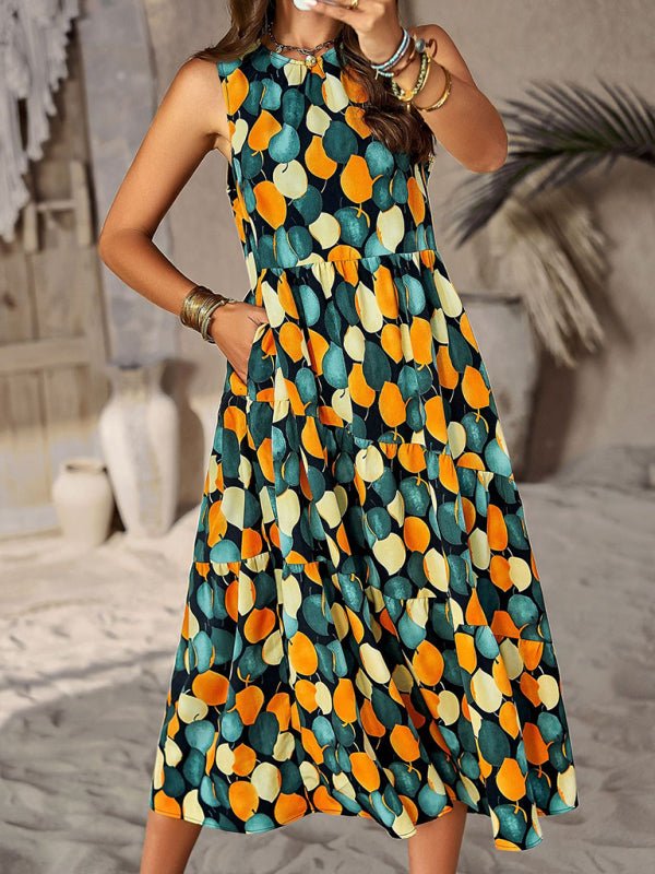 Spring and summer halter neck loose holiday multi - layer print dress - Day Dress