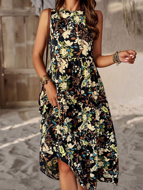 Spring and summer halter neck loose holiday multi - layer print dress - Day Dress