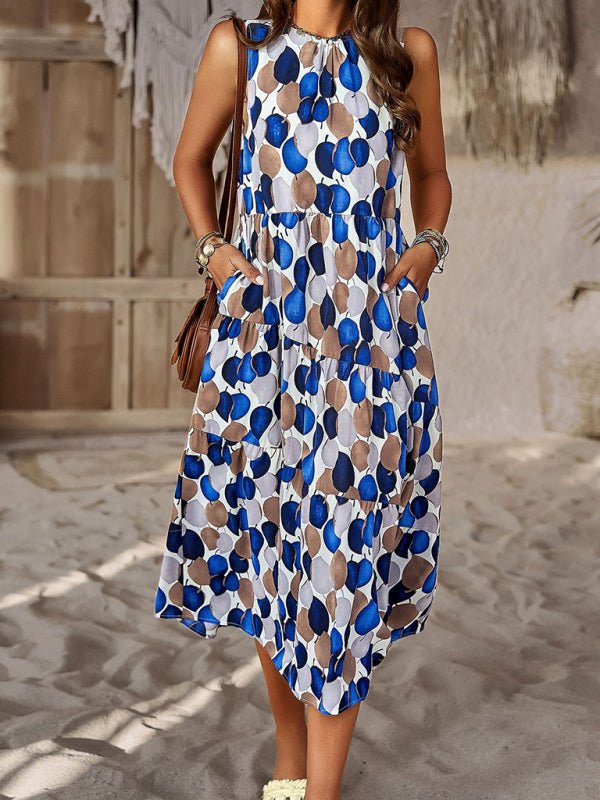 Spring and summer halter neck loose holiday multi - layer print dress - Day Dress