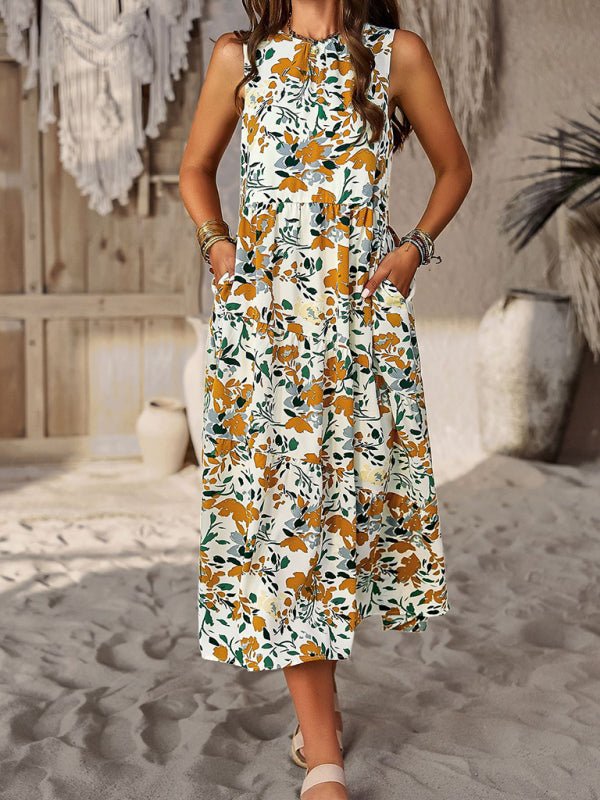 Spring and summer halter neck loose holiday multi - layer print dress - Day Dress