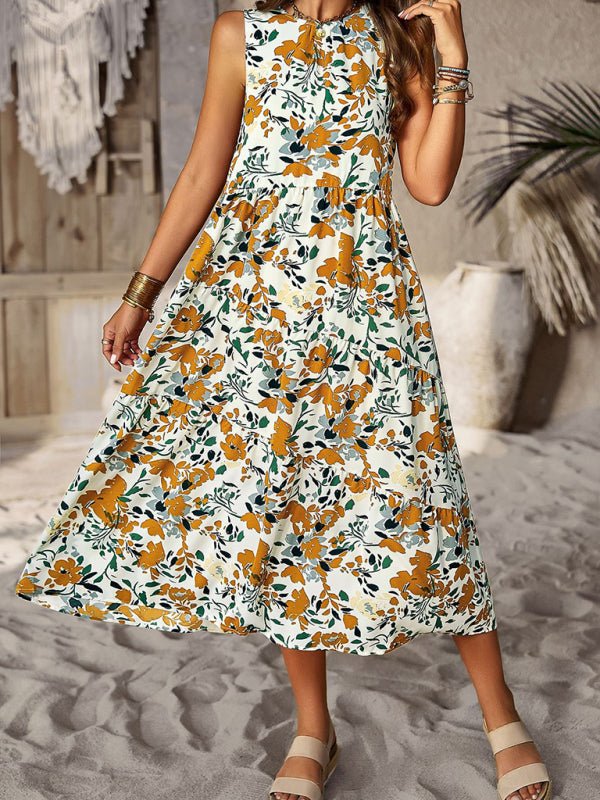 Spring and summer halter neck loose holiday multi - layer print dress - Day Dress
