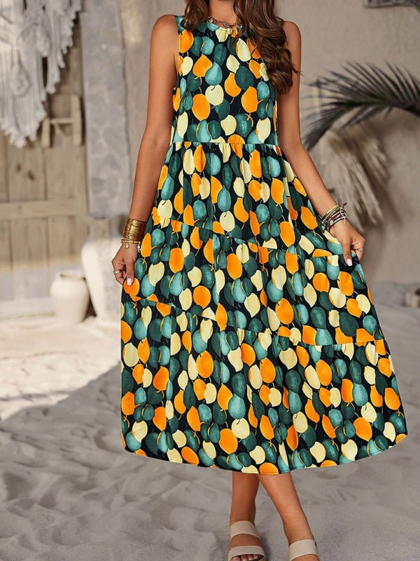 Spring and summer halter neck loose holiday multi - layer print dress - Day Dress