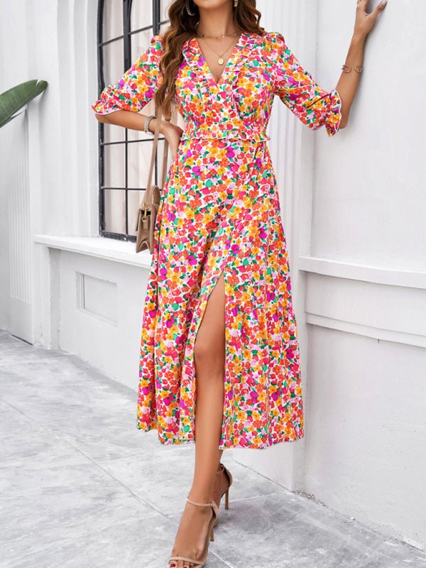 Spring and summer new holiday casual printed V - neck slit dress - Day Dress