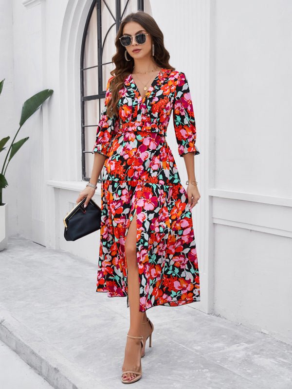 Spring and summer new holiday casual printed V - neck slit dress - Day Dress