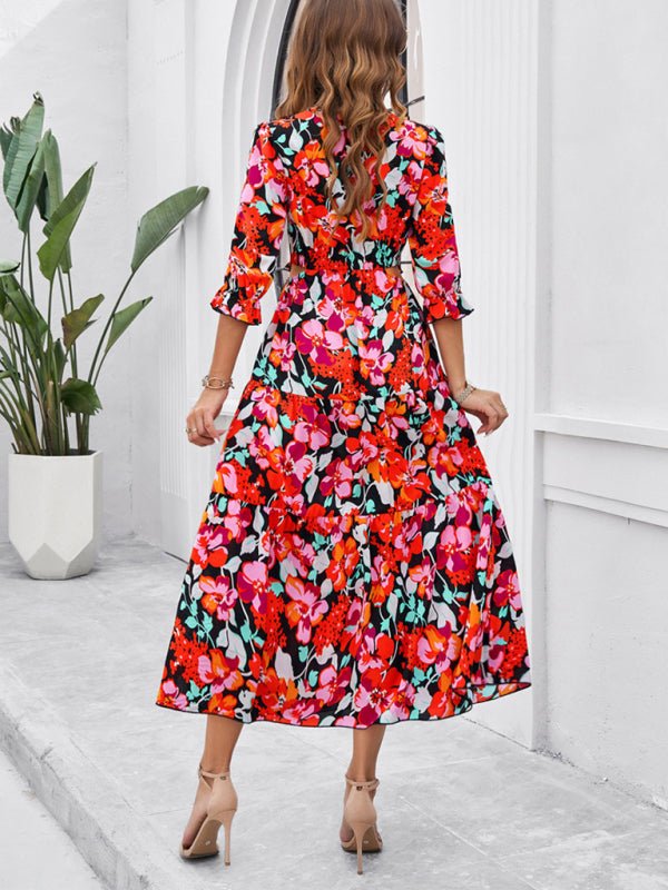 Spring and summer new holiday casual printed V - neck slit dress - Day Dress