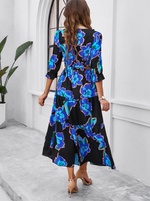 Spring and summer new holiday casual printed V - neck slit dress - Day Dress