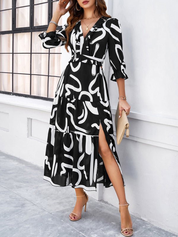 Spring and summer new holiday casual printed V - neck slit dress - Day Dress